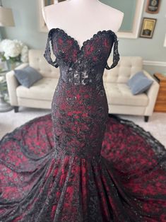 This gorgeous Black and Dark Red Wedding Dress with cape is definitely set to give any bride an ethereal, unforgettable look. The see through bodice has bonings for great support and the floral lace adds a very romantic look to the overall look. All dresses come with sewn in cups, and be customized in any size+ colors.

* This dress in the listing is in chapel train length ( 3 ft) / The cape veil is in Cathedral length ( 6 feet) Blood Wedding Dress, Black And Dark Red Wedding, Black And Red Wedding Dress, Red And Black Wedding Dress, Dark Red Wedding Dress, Black Masquerade Dress, Red And White Wedding Dress, Mermaid Trumpet Wedding Dress, Maroon Wedding Dress