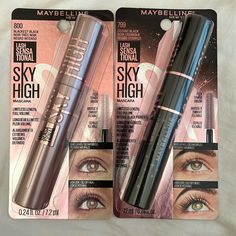 New Maybelline Lash Sensational Sky High Mascara(Lot Of 2) 1 Of Each- 799- Cosmic Black 7.2 Ml/.24 Fl.Oz. 800- Blackest Black 7.2 Ml/.24 Fl.Oz. Mascara Made For Full Volume And Authentic Length. Custom Flex Brush Grips And Extends Every Lash. Formula With Bamboo Extract And Fibers Give Authentic Impact. No Clumping, Smudging Or Flaking. Up To 24 Hr Wear. Allergy Tested. Ophthalmologist Tested. Suitable For Contact Wearers. From A Smoke And Pet Free Home Black Sky High Mascara, Maybelline Sky High Mascara, Lash Sensational Sky High Mascara, Sky High Mascara, Maybelline Mascara, Drugstore Mascara, Lash Sensational, Maybelline Lash Sensational, Xmas Wishlist