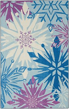 a blue and purple rug with snowflakes on it