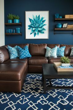 a living room with blue and brown decor