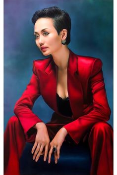 a painting of a woman in a red suit