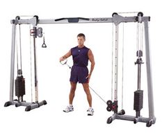 a man standing in front of a gym equipment set with pulleys on each side