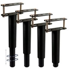 four black poles with gold handles are shown in three different sizes and shapes, one is holding