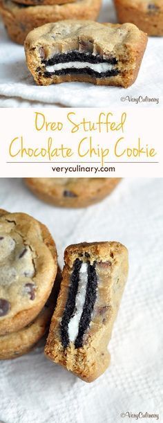 oreo stuffed chocolate chip cookies with white and black stripes