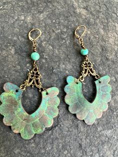 Handpainted and embossed scalloped veg tan leather earrings dangle from antiqued brass filigree connectors and one turquoise bead. finished with antiqued brass lever backs. Perfect for fall picnics at the arborteum, visiting the pumpkin patch, running errands around town, wine tastings, art festivals and  just enjoying life! Lightweight, these earrings are equally at home worn out on the town or to work.  I support Etsy sellers, these earrings were made from components purchased on Etsy! Not you Vintage Bronze Earrings With Patina, Vintage Copper Earrings With Patina, Artisan Drop Earrings With Patina, Vintage Teardrop Patina Jewelry, Bronze Vintage Earrings With Patina, Artisan Brown Earrings With Patina, Bronze Patina Earrings, Artisan Brown Patina Earrings, Elegant Green Patina Earrings