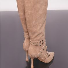 Suede, Size 9, Nude, Fashionable Beige Boots With Buckle Closure For Fall, Chic Summer Boots With Buckle Closure, Chic Beige Ankle Strap Boots, Beige Ankle Strap Boots For Fall, Beige Boots With Buckle Closure For Spring, Chic Ankle Strap Beige Boots, Chic Beige Boots With Buckle Closure, Beige Spring Boots With Buckle Closure, Beige Pointed Toe Boots With Buckle Closure