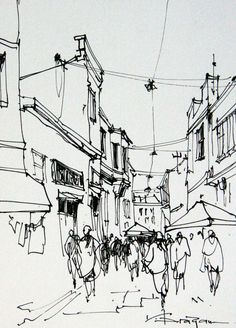 black and white drawing of people walking down the street