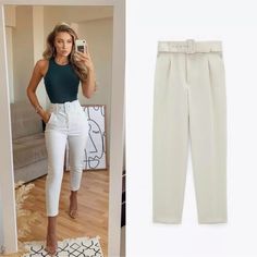 Zara Blogger Belted Cream Pants Luxury Beige Zara Pants, Long Summer Pants, Hem Dress Pants, Hot Pink Jumpsuits, Zara Leather Pants, Calvin Klein Leggings, Snake Print Pants, Brown Dress Pants, Cream Pants