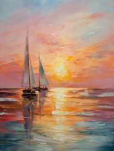 a painting of two sailboats in the ocean at sunset with an orange and pink sky