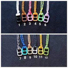 four different colored necklaces with numbers on them