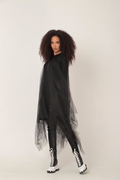 Black Sheer Dress, Black Tulle Dress, Plus Size Tulle Dress OVERSIZED MIDI DRESS IN ASYMMETRIC RICH TULLE NET LAYERS GARMENT FEATURES: * A truly stunning design with a WOW-effect when moving * Asymmetric rich tulle layers of soft net * Fully lined with soft cotton jersey * Ribbed classic crew neckline * Long jersey sleeves in a sweatshirt pattern, covered in tulle * Light weighted and comfy to wear * Part of our ADEPTT PREMIUM edit SIZING & FITTING: Model is 172cm tall and wears size S. This Sheer Tulle Mini Dress For Evening, Black Party Dresses With Tulle Skirt, Black Tulle Dress For Night Out, Black Party Dress With Mesh Sleeves, Black Mesh Dress With Tulle Skirt For Party, Black Tulle Skirt Dress For Night Out, Black Tulle Mesh Dress For Party, Organza Mini Dress With Sheer Sleeves For Party, Party Mini Dress With Sheer Sleeves In Organza