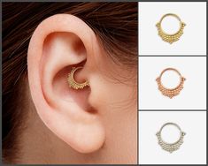 "Indian Daith Ring - Tribal gold daith ring in 5/16\" (8mm) inner diameter. The delicate art of Indian style... A must-have for collectors of piercing beauty Ring size: ❖ Wire size: 16g ❖ 8mm (5/16 inch) inner diameter ❖ 14mm (9/16 Inch) wide ❖ 5mm (3/16 inch) nose bottom to ring bottom ❖ ❖ ❖ This is some of what customers had to say about our septum rings: Beautifully crafted and the perfect size for my septum. Very dainty and beautiful, and lovely customer service by Meirav :) Thank you so muc Daith Rings, Daith Earrings, Gold Nose Rings, Nose Hoop, White Gold Jewelry, Nose Stud, Rose Gold Jewelry, Nose Piercing, Septum Ring