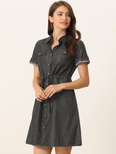 Shop Allegra K for chambray tie waist summer casual button down denim dress you are looking for, get more women's dresses for yourelf. Order now! Free Returns! Button Down Denim Dress, Short Sleeve Denim Shirt, Vacation Shopping, Denim Dresses, Belted Shirt Dress, Women Halter, Mini Skater Dress, Denim Shirt Dress, Chambray Dress