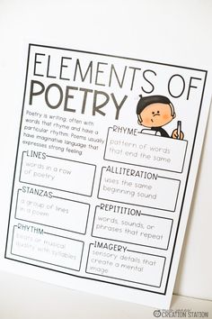 the elements of poetry worksheet is shown on top of a piece of paper