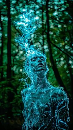 a woman with blue lights on her face in the woods, looking up at trees