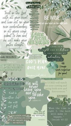 This is a wallpaper made up as a collage out of bible verse totally in green. Different green shades. God Jesus Wallpaper, Jesus Wallpaper Aesthetic, Wallpaper Aesthetic Collage, Collage Creative, God Wallpaper, Quote Collage, Scripture Wallpaper