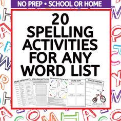 the book cover for spelling activities for any word list, which includes letters and numbers