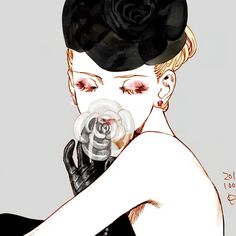 a drawing of a woman with a rose in her hair and black gloves holding a flower