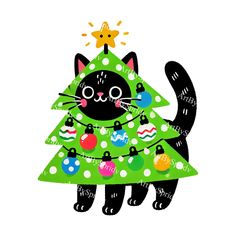 a black cat is wearing a green christmas tree costume with ornaments around it's neck