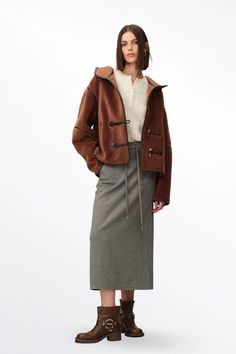 Olga Shearling Hooded Short Jacket Hooded Leather Outerwear For Work, Brown Outerwear With Detachable Hood For Work, Shearling Jacket, Short Jacket, Stand Collar, Horn, Collar, Leather