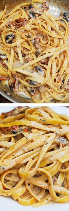 two pictures of pasta being cooked in a pan