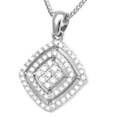 "This sideway square design pendant complimented with prong set round diamonds is hand crafted and cast in solid 14K white gold.  Chain is being sold separately. COMPONENT DIAMOND: 67 Round Diamonds  CARAT WEIGHT:  1.11ct COLOR/CLARITY: G - H / SI METAL:  14K White Gold GRAM WEIGHT:  10.2gr DIAMETER:  20.3mm DEPTH:  4.58mm LENGTH: 27.2mm (incl. bale) STYLE CODE: NK3765-MAT100 Item can also be made in 18K  white & yellow gold and in platinum with additional cost.  Allow us at least 1-2 weeks manu Square Diamond Pendant, White Gold Emerald Ring, Emerald Ring Gold, White Gold Chain, Filigree Necklaces, Hand Necklace, Gold Diamond Necklace, Custom Pendants, Square Diamond