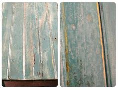 an old wooden table with peeling paint on the top and bottom, before and after restoration