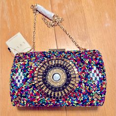 This Colorful Minaudiere Bag Has Gold Trim, Lots Of Color And Is A Perfect Accessory To Any Outfit. New With Tags. Minaudiere Bag, Gold Trim, Clutches, Bag Lady, Trim, Beads, Tags, Women Shopping, Gold