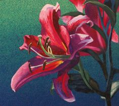 a painting of a pink flower with green leaves on the bottom and blue back ground