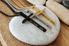 "Cross necklace is great quality. It is possible to engrave 4 sides of the cross necklace. It can be personalized with a name, initials, monogram, date, location coordinates, special message, symbol, etc. Please add text for each side in the note. Front side Back side Left side Right side Material: stainless steel Cross Size: 2\"x1\"" Special Wedding Gifts, Personalized Cross Necklace, Bible Verse Necklace, Anniversary Boyfriend, Anniversary Keychain, Engraved Cross, 10 Year Anniversary Gift, Mens Cross Necklace, Groomsmen Gifts Personalized