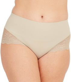 From Spanx&#x2C; this panty features:non-show lace fabrication elastic-free edgescomfortable smoothing at the bonded waistbandbody & lace of nylon/spandex; gusset of cottonmachine washImported. Beige Lace Brief Bottoms, Shaping Brief Bottoms With Lace Trim, Stretch Bottoms With Full Coverage And Partial Lining, Fitted Full Coverage Bottoms With Lace Trim, Stretch Lace Shapewear With Lace Trim, Fitted Bottoms With Lace Trim And Full Coverage, Fitted Lace Trim Bottoms With Full Coverage, Fitted Lace Trim Full Coverage Bottoms, Seamless Lace Brief Bottoms