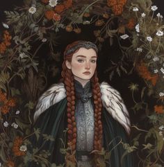 a painting of a woman with braids and flowers in front of her, surrounded by foliage