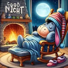 a cartoon character sleeping in a rocking chair next to a fire place with the words good night written on it