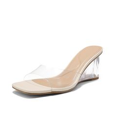 PRICES MAY VARY. [3 Inch Clear Wedge Heels Sandals]：Half size UP would be highly advised for Wide Foot. Arromic clear wedge low heels feature for trendsetting flair: square toes and transparent wide strap, the heel height is about 3 inches. [Sexy and Classic Design]：Square open toe is timeless design focal points, soft thickened padded insole and anti-slip rubber outsole that elongates your legs, creating a flattering and slender silhouette. [Easy Slip on and off]: Slip on wedge chunky block hee Summer Evening Party, Heels Design, Clear Wedges, Clear Sandals, Heels Summer, Wedge Mules, Slippers Shoes, Focal Points, Design Square