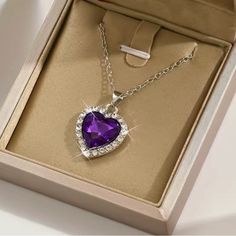 Purple Heart Pendant Necklace Silver Plated Zircon Brand New Boutique Heart Necklace Locket, Purple Heart Necklace, Heart Pendant Necklace Silver, Feather Pendant Necklace, Necklace Locket, Layered Pearl Necklace, Heart Center, Beautiful Pendant Necklace, Puffy Heart Charms