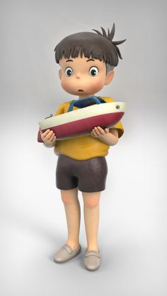 a cartoon boy holding a surfboard and looking at the camera