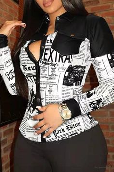 Lasaky - Stylish Womens Black and Red Patterned Casual Blouse with Turn-Down Collar Collars Design, Leather Blouse, Slim Blouse, White Fashion Casual, Newspaper Print, Chic Type, Leather Shirt, Style Noir, Turndown Collar