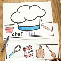 two children's books with pictures of food and cooking related items on them, one is