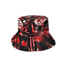 "Rave inspired red and black all over print bucket hat by BigTexFunkadelic that is reversible; the flip side is solid black. Made from premium cotton, this classic accessory adds another layer of cool to your outfit. * 9.00 Oz. Made from premium cotton. * Eyelets for breathability. * Size (approx): Brim: 2.44\", Side: 3.00\", Perimeter (top): 21.26\", Perimeter (brim): 34.65\". * Please wash it gently by hand for keeping its shape." Black Retro Bucket Hat For Summer, Black Curved Brim Bucket Hat For Festivals, Retro Black Adjustable Bucket Hat, Retro Adjustable Black Bucket Hat, Casual Black Bucket Hat For Festivals, Trendy Black Bucket Hat For Streetwear, Retro Black Brimmed Bucket Hat, Black Reversible Bucket Hat With Curved Brim, Black Reversible Bucket Hat