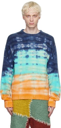 Handcrafted heavyweight knit cashmere sweater. Hand-dyed tie-dye pattern throughout. · Rib knit crewneck, hem, and cuffs · Dropped shoulders Each item is unique. Please note that coloration may vary. Supplier color: Ivory/Navy Sweater Runway, Elder Statesman, Tie Dye Patterns, Knit Crewneck, Color Ivory, Tie Dyed, Cashmere Sweater, Cashmere Sweaters, Hand Dyeing