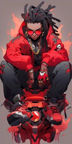 a man with dreadlocks sitting on top of a red motorcycle in front of a gray background