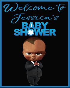 a baby shower sign with an image of a man in a suit