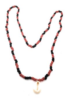 ELEGUA - Santeria Bead Collar with Shell Black Heishi Beads For Beach, Beach Jewelry With Black Heishi Beads, Black Beaded Necklaces For The Beach, Red Beaded Necklaces With Colorful Beads For Vacation, Black Beaded Necklace For Vacation, Traditional Beaded Chain For Beach, Casual Beach Heart Beads, Traditional Beaded Necklaces With Black Beads For The Beach, Red Heart Beads For Beach