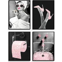 four pictures of women in pink and black with their feet on a toilet paper roll