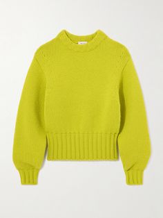 Alexander McQueen's sweater will certainly stand out in your wardrobe. It's knitted from a wool-blend in an eye-catching chartreuse and detailed with exaggerated ribbed edges to create a slouchy shape. Oversized Knitted Yellow Top, Luxury Yellow Sweater With Ribbed Cuffs, Yellow Oversized Knitted Top, Green Wool Sweater With Textured Knit, Yellow Wool Winter Sweater, Luxury Yellow Winter Sweater, Green Wool Textured Knit Sweater, Green Textured Wool Sweater, Fitted Green Merino Wool Sweater