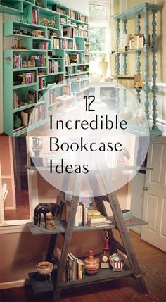 a bookcase filled with lots of books in front of a wooden table and shelves