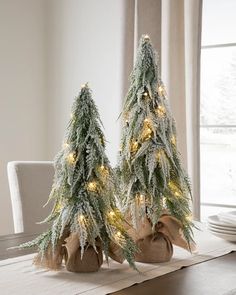 two small christmas trees sitting on top of a wooden table