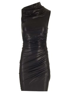 Mini dress in metallic black viscose from Rick Owens, asymmetrical neckline with draping, asymmetrical back neckline, front draping, slim fit. Draped Mini Dress, Versace Designer, Designer Drapes, Asymmetrical Neckline, Mini Dress Shop, Fashion Line, Cool Socks, Shirt Accessories, Lace Boots