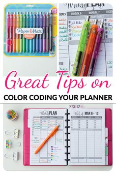 the words great tips on color coloring your planner are shown in this collage with markers, pens and pencils