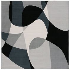 an abstract rug with black, white and grey shapes